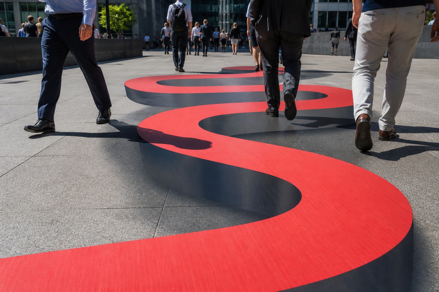 People walking across a mall or pavement floor graphic