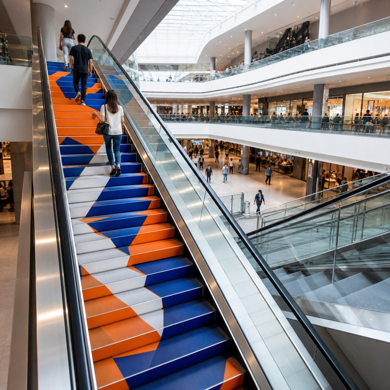 Escalator risers or atrium advertising at human eye height