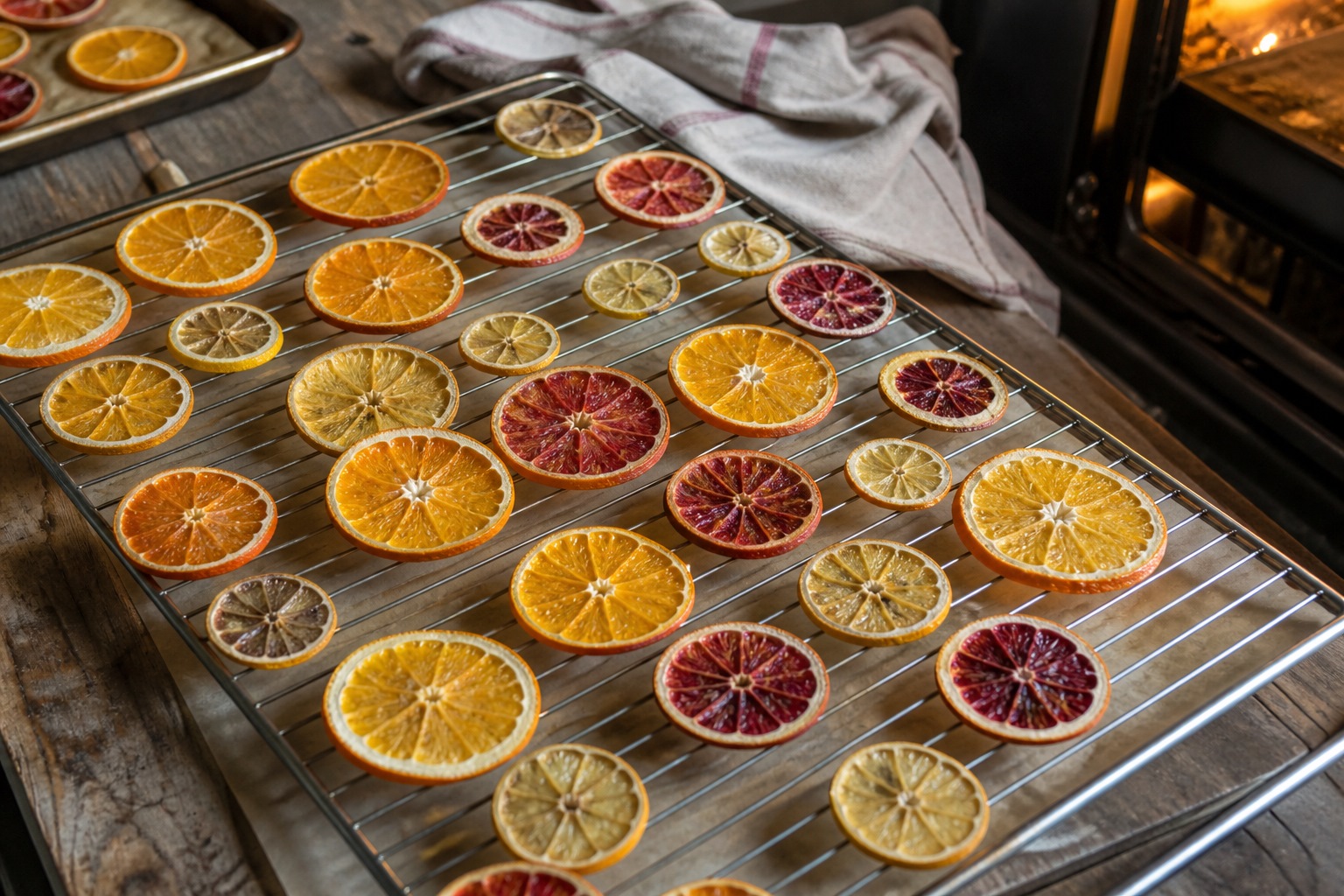 Orange slices drying on a rack