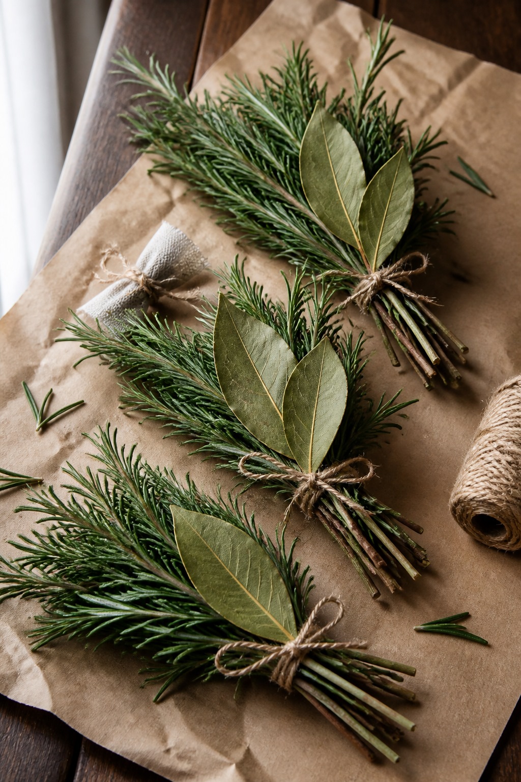 Rosemary bundles and bay-leaf fans ready to hang