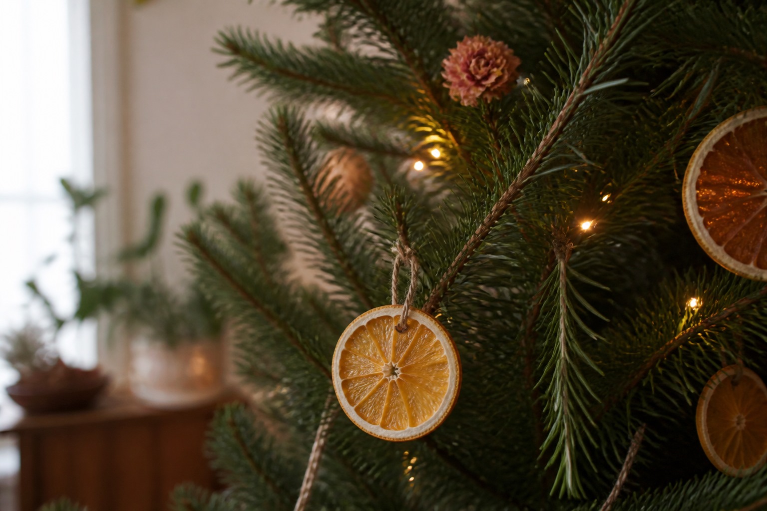 Christmas tree branch with dried citrus, rosemary, and a dried flower