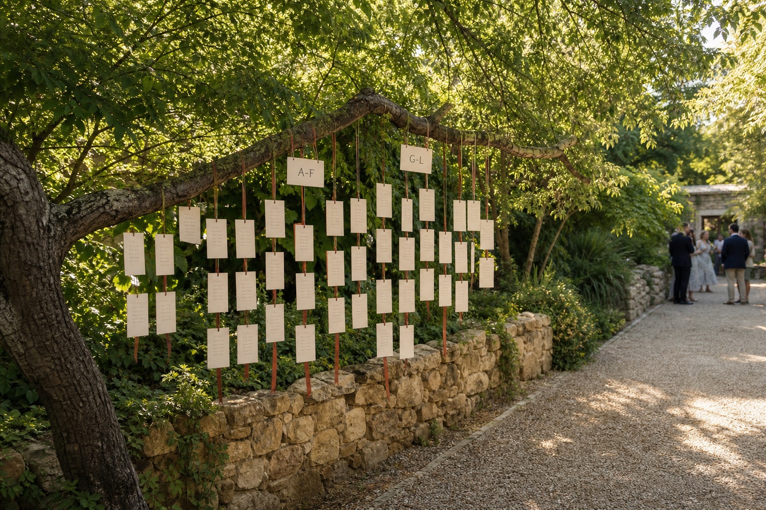 Wide view of an escort-card wall display with space to approach