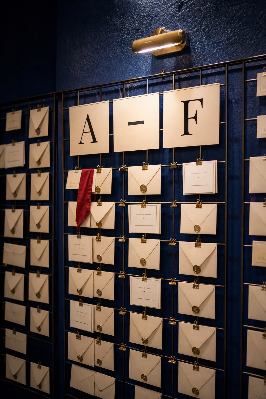 Close-up of A–F section letters on an escort-card grid