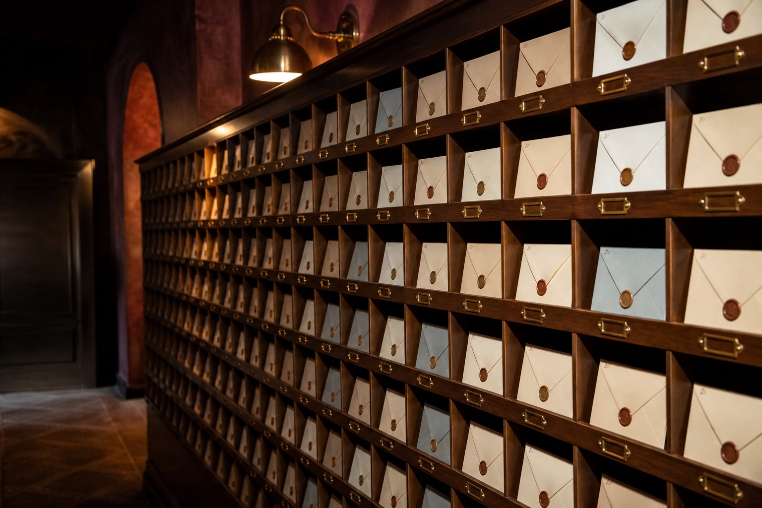 Escort envelopes in pigeonholes or a honeycomb wall