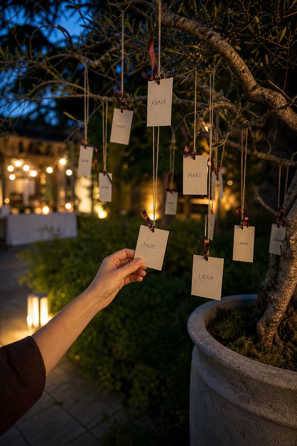 Escort cards hanging from a branch with names readable from a step back
