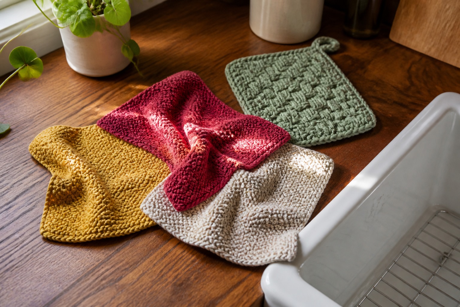 Knit dishcloths and a pot holder stacked on a wooden counter by the sink