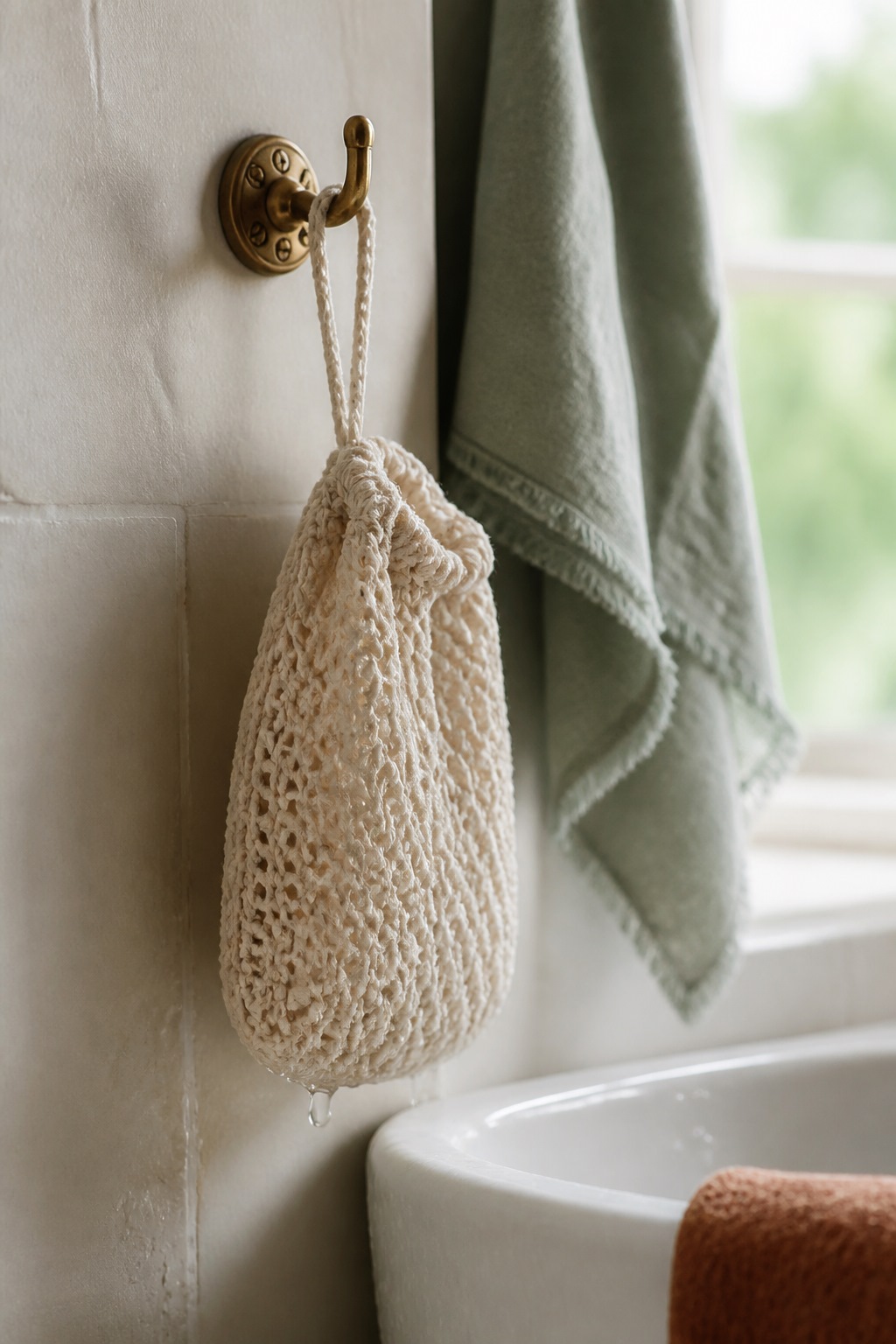 Knit soap sack or dish scrubber hanging to dry