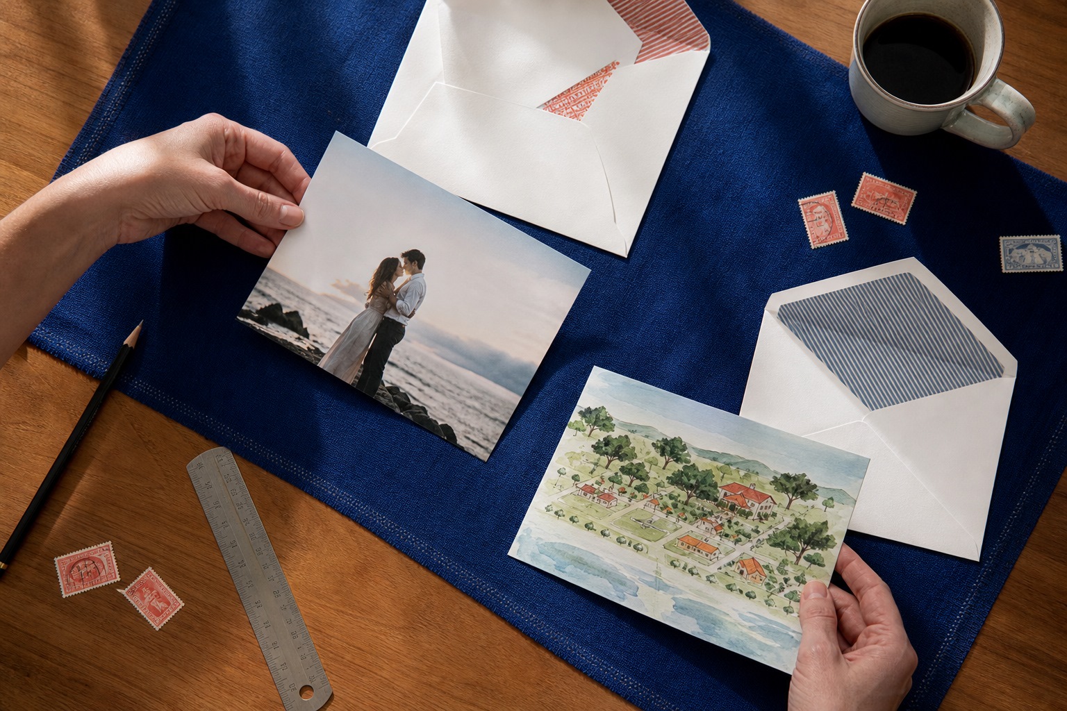 Photo save-the-date next to an illustrated save-the-date on a table, envelopes open