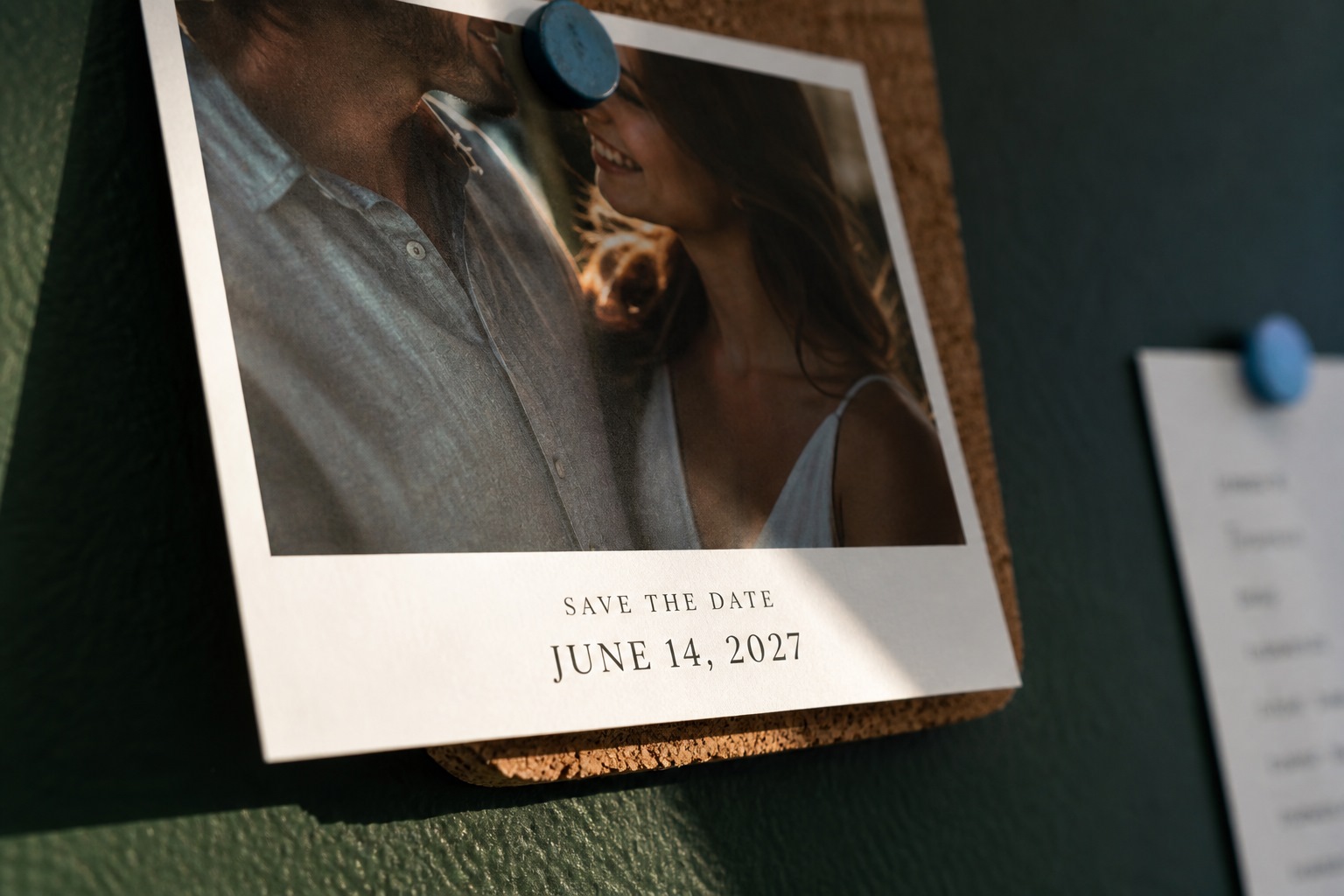 Close crop of a photographic save-the-date with the date set in a quiet margin