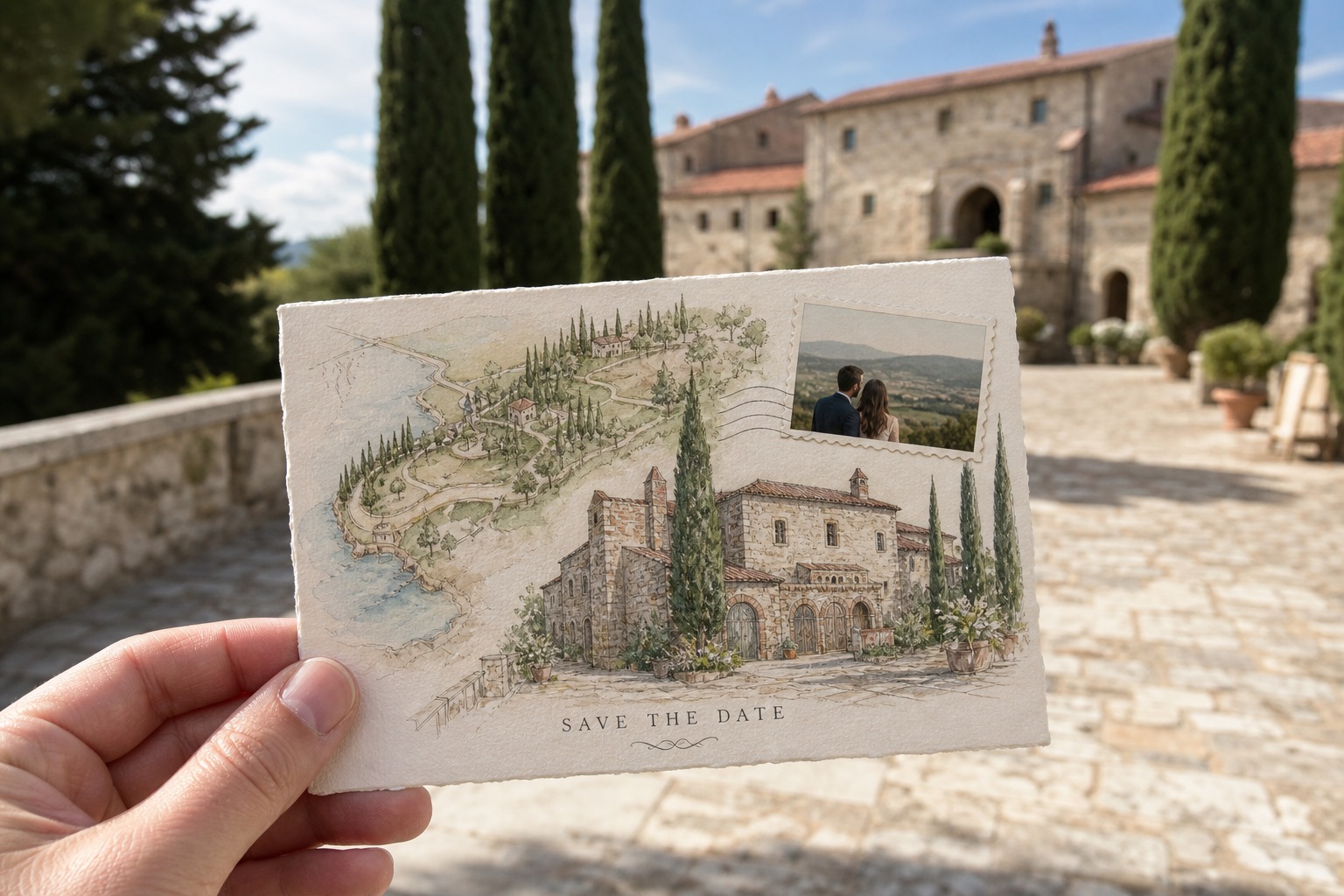 Illustrated save-the-date with a venue drawing or map and a clear date