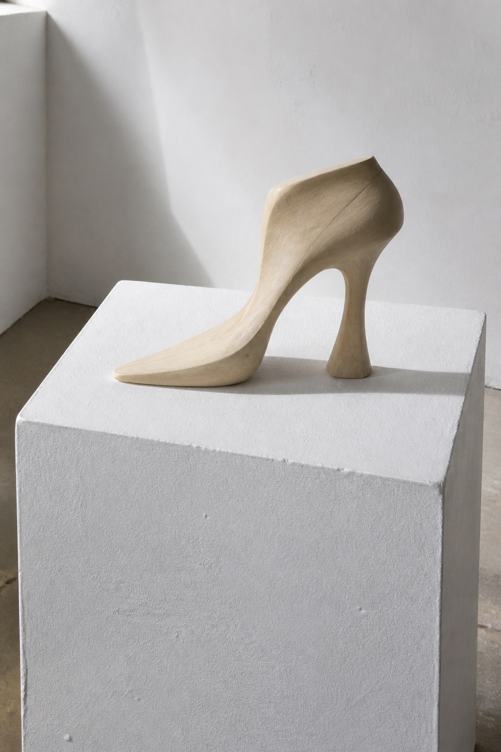 A sculptural heel on a white plinth in side light
