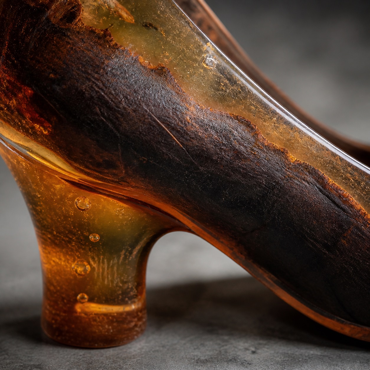 Close material detail of a sculptural shoe: wood, resin, or glaze