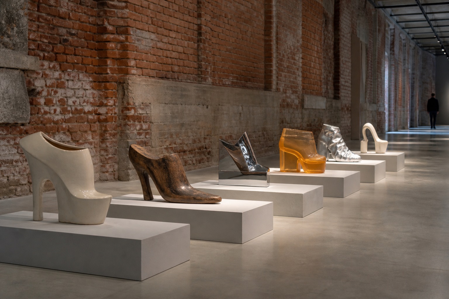 Several sculptural shoes shown in a row as an installation