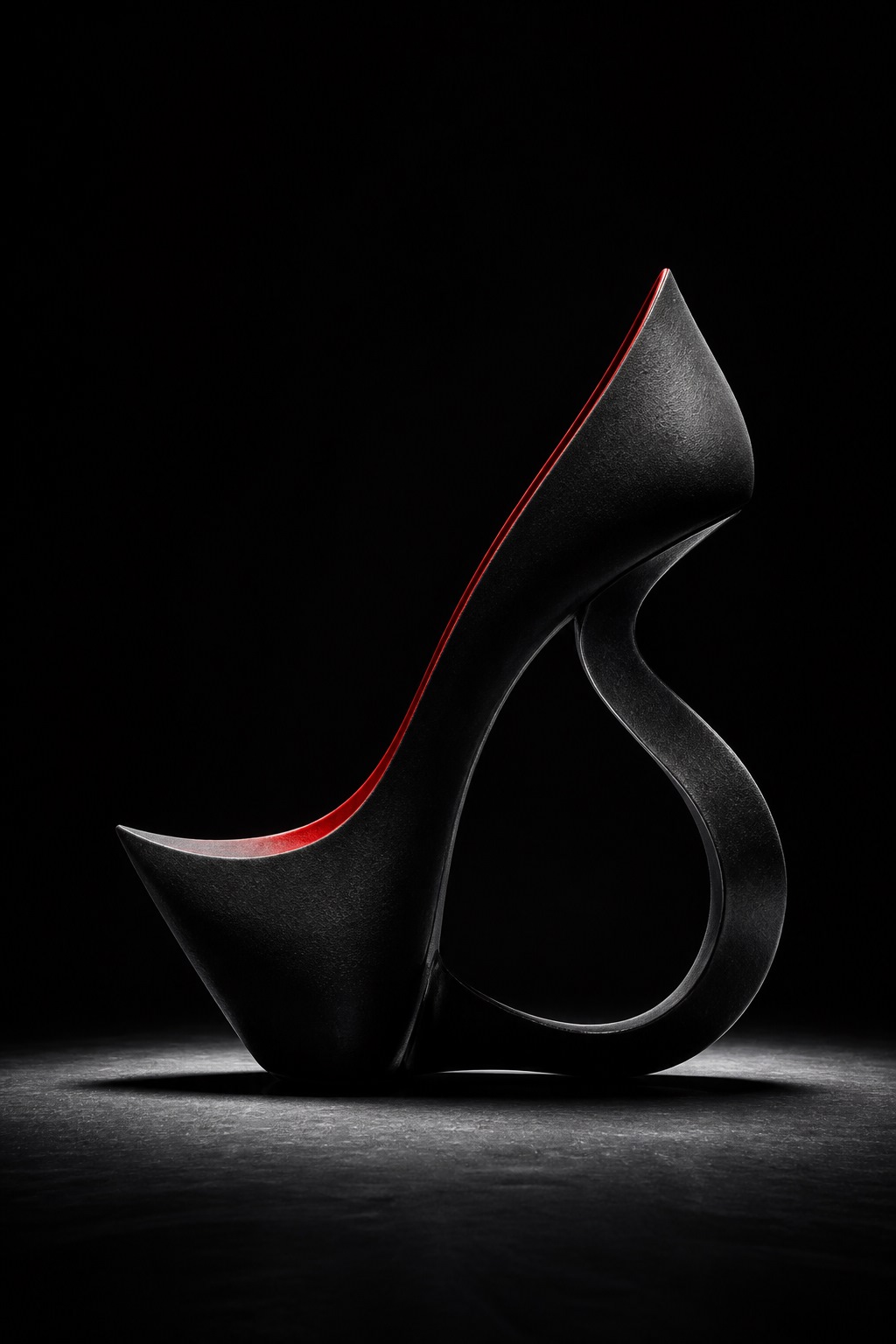 Silhouette of an extreme sculptural heel against a dark ground