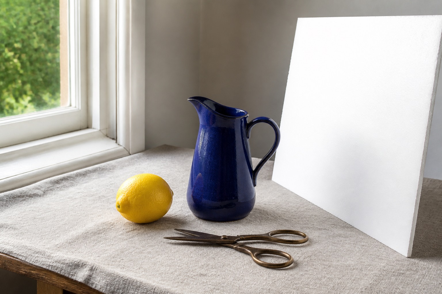 Still life lit from a window on the left with a bounce board on the right