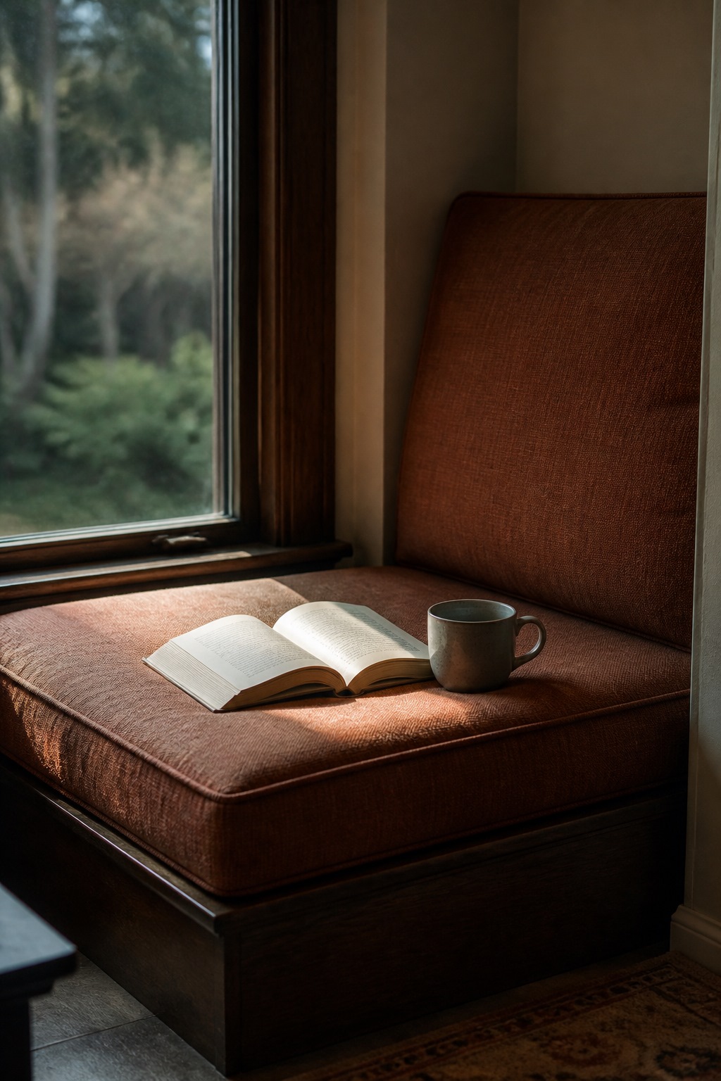 A deep window seat with a thick cushion, book, and mug