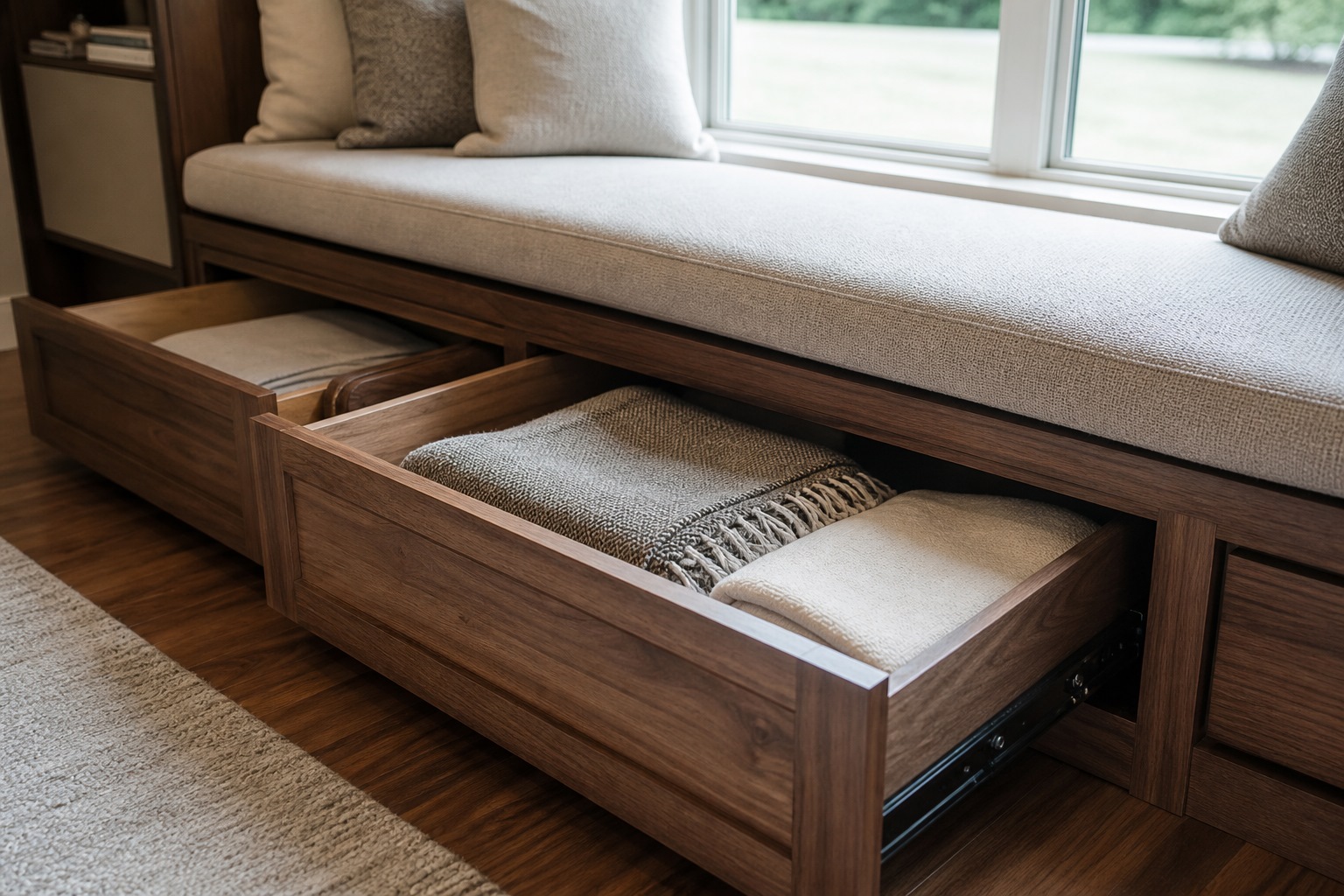 Window-seat storage drawers or lift lid open