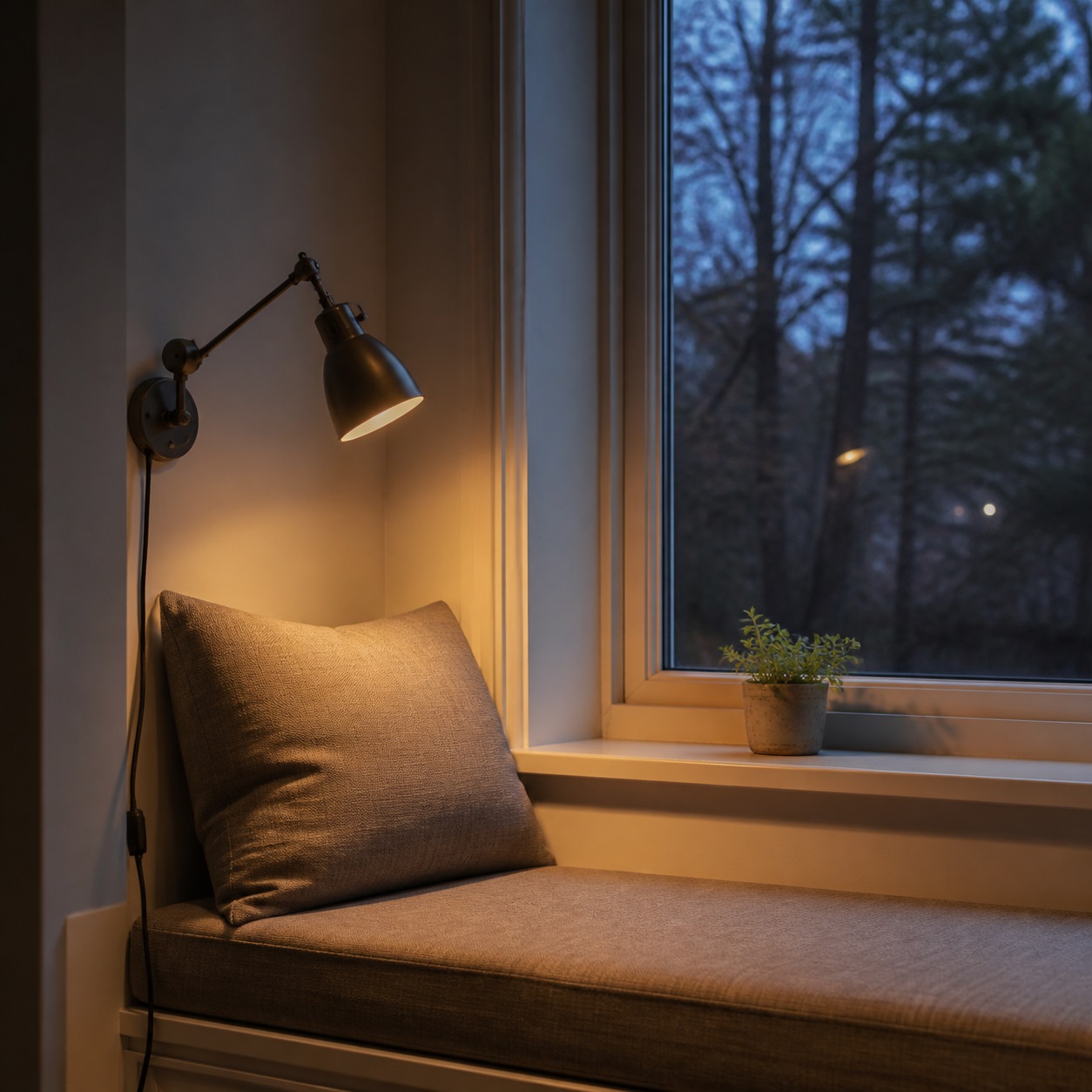 Window seat with a reading lamp and a clear sill