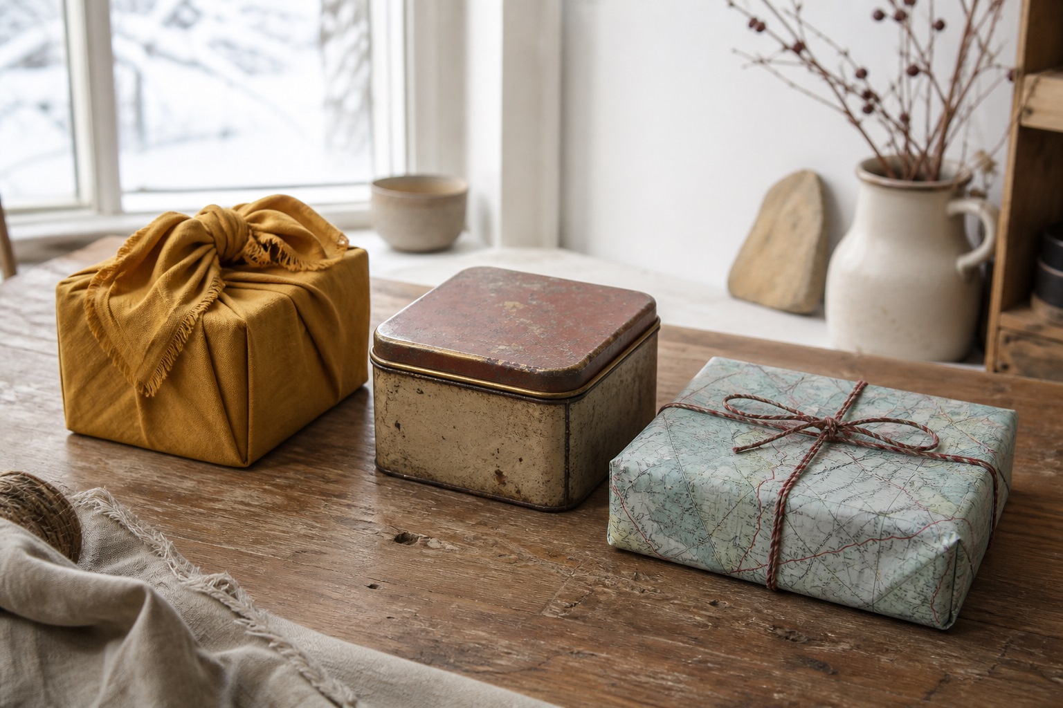 Three gifts wrapped without wrapping paper: cloth, tin, and a reused map