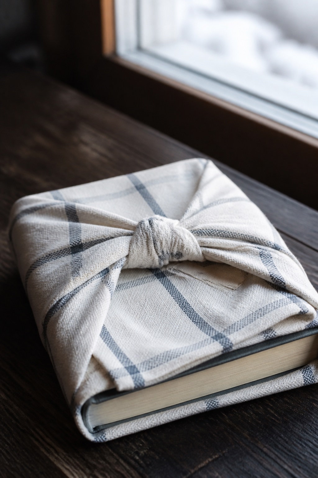 Close view of a cloth wrap knot on a book
