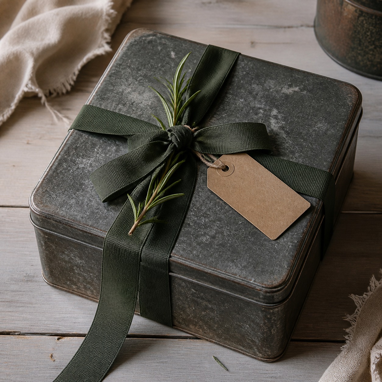 Gift tin tied with ribbon and a small botanical sprig