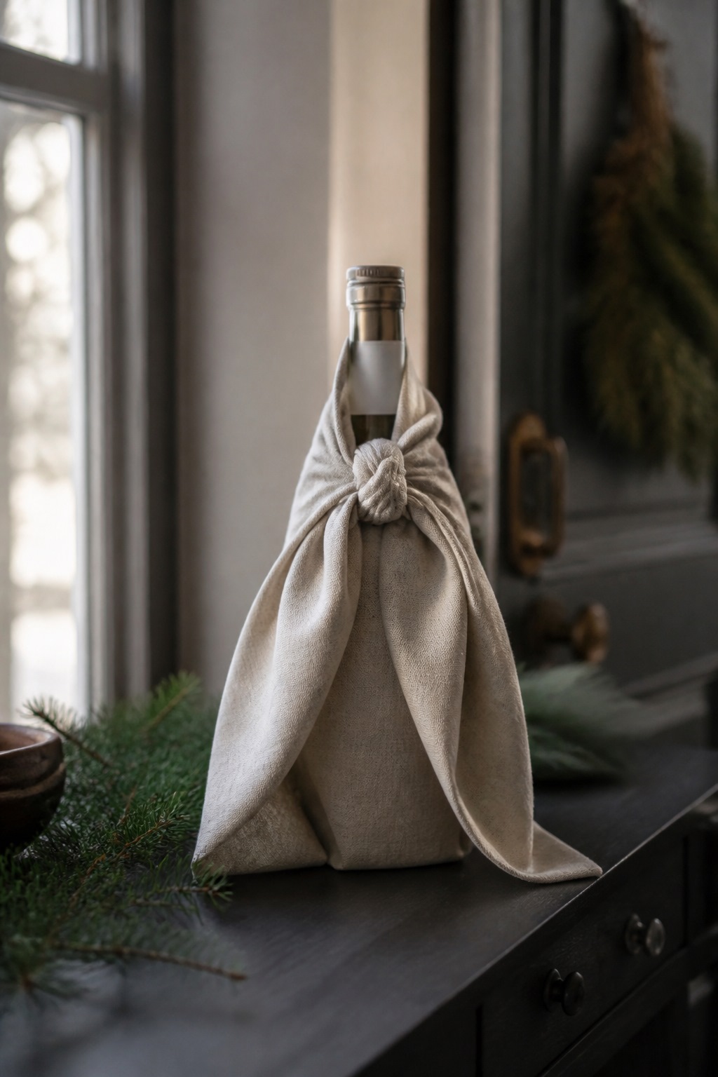 Bottle wrapped in cloth with a knot at the neck