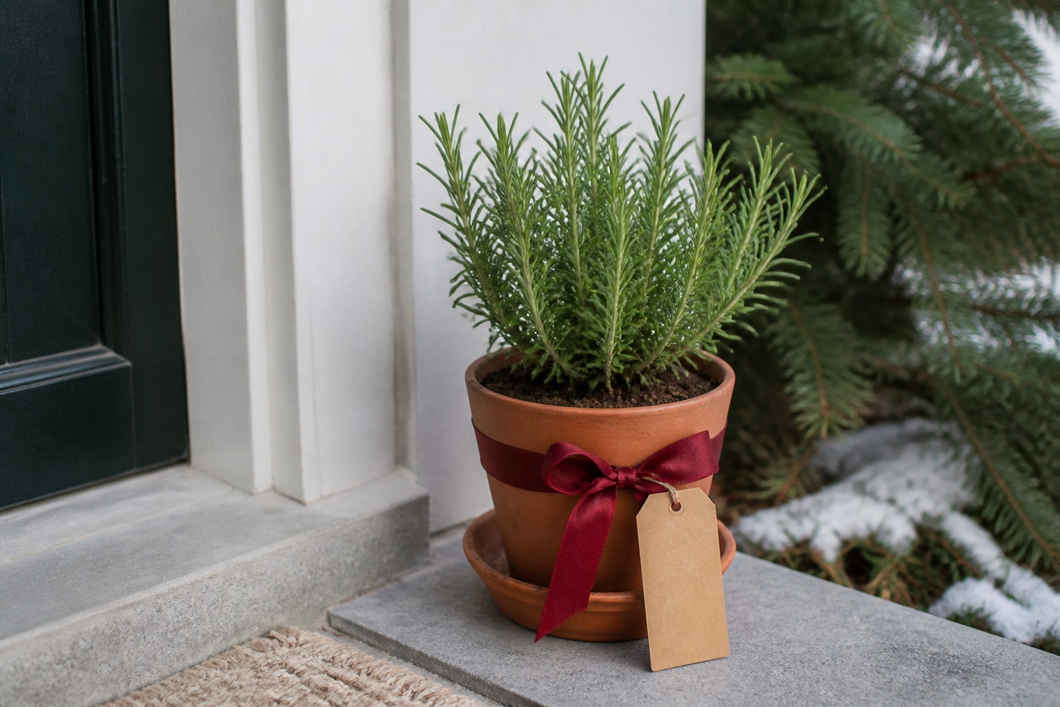 An unwrapped object finished with ribbon and a name tag