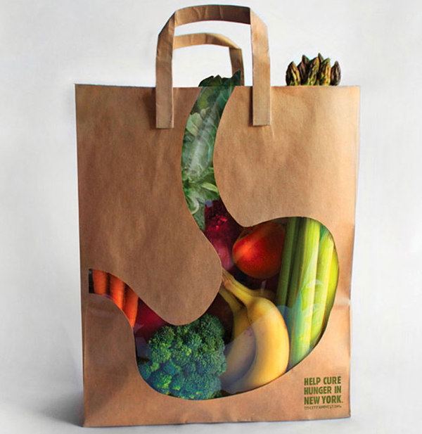 City Harvest grocery bag with stomach-shaped window showing produce