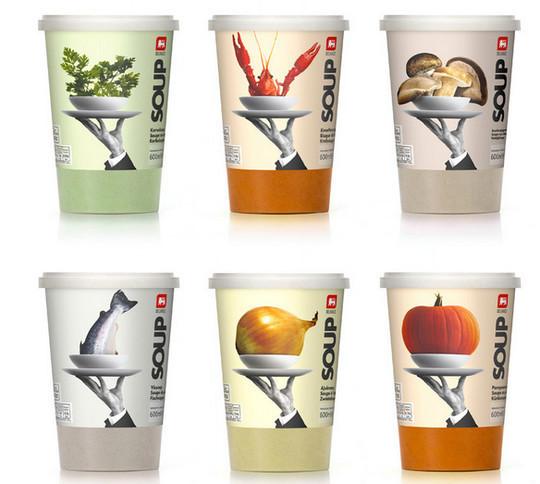 Delhaize soup cups with waiter platter graphics and oversized ingredients