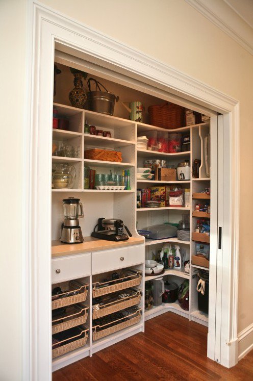 Deep pantry storage with baskets and vertical organizers