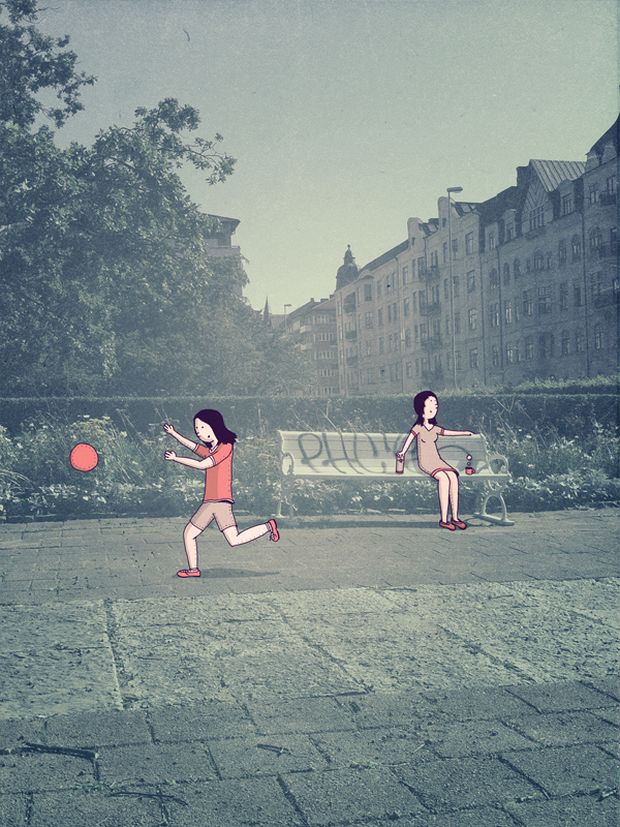 Whimsical drawn city over real-life photo