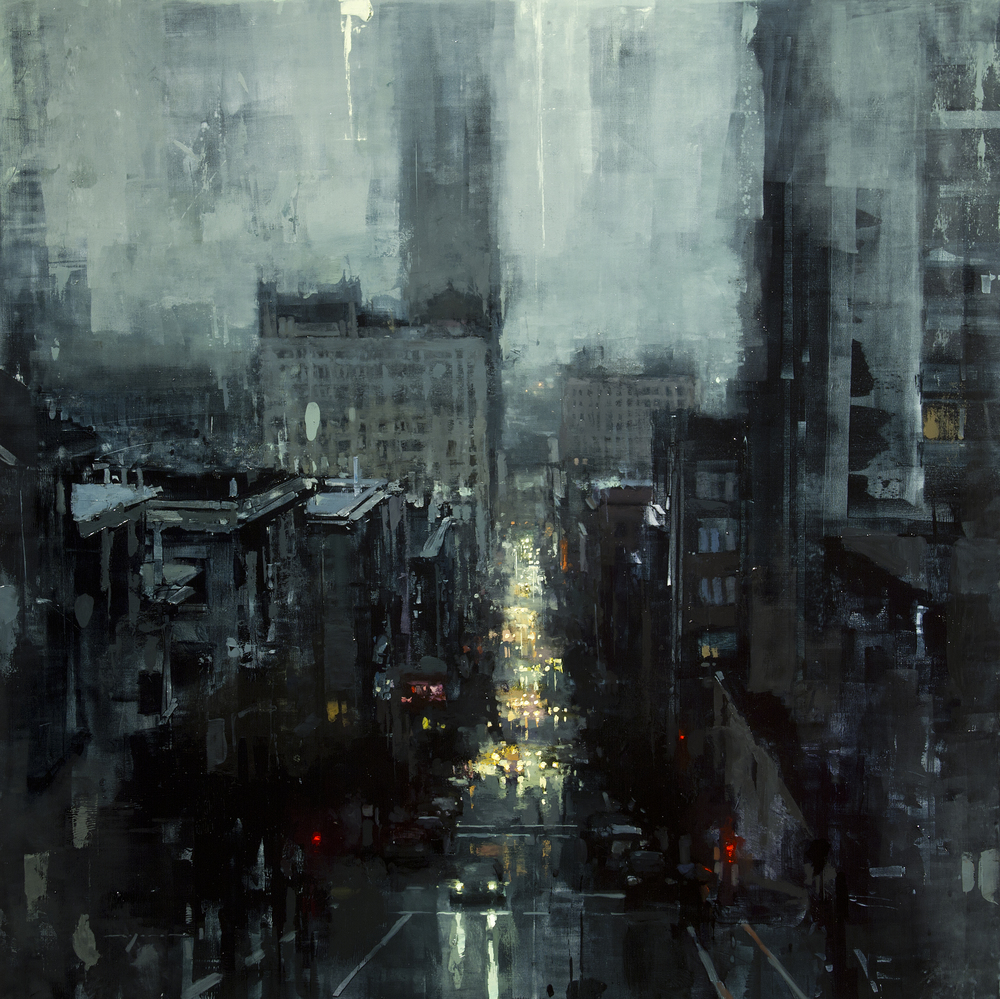 Jeremy Mann painting showing urban night light and reflection
