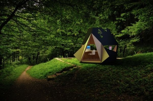 origami-office02 Dark origami office pod open to a forest clearing