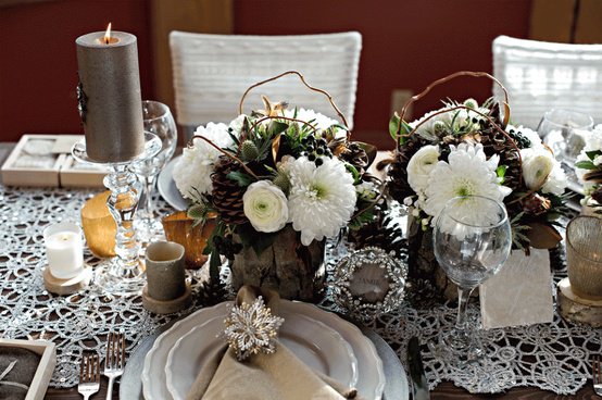 Cream tablescape detail for winter dining