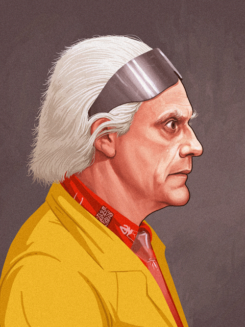 Doc Brown from Back to the Future in yellow coat and visor