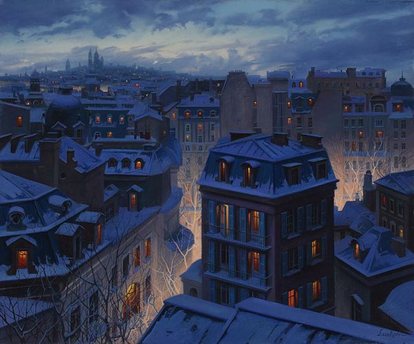 Evening-Journey-Evgeny-Lushpin02 Snow-dusted Paris rooftops at blue hour with Sacré-Cœur on the horizon by Evgeny Lushpin