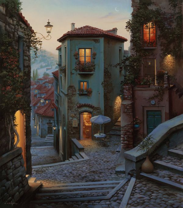 Evening-Journey-Evgeny-Lushpin06 Mediterranean hilltown street with teal building and crescent moon by Evgeny Lushpin