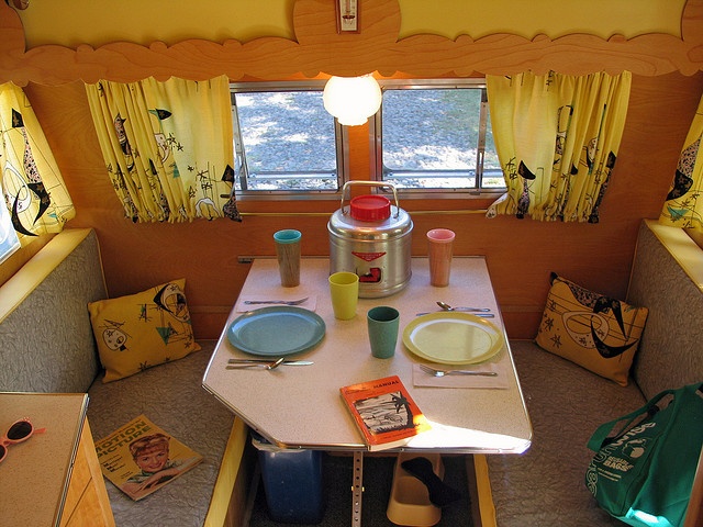 Wood-toned caravan interior cabinetry