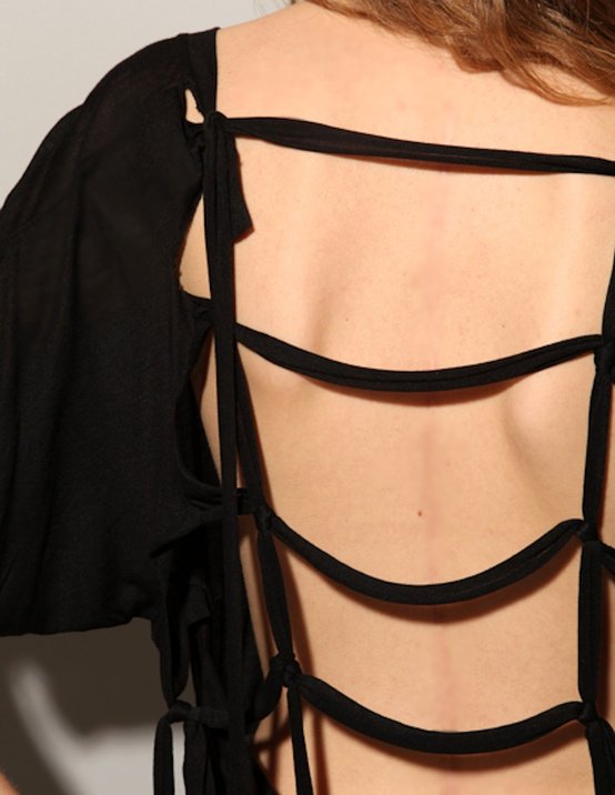 Black T-shirt with knotted ladder open back