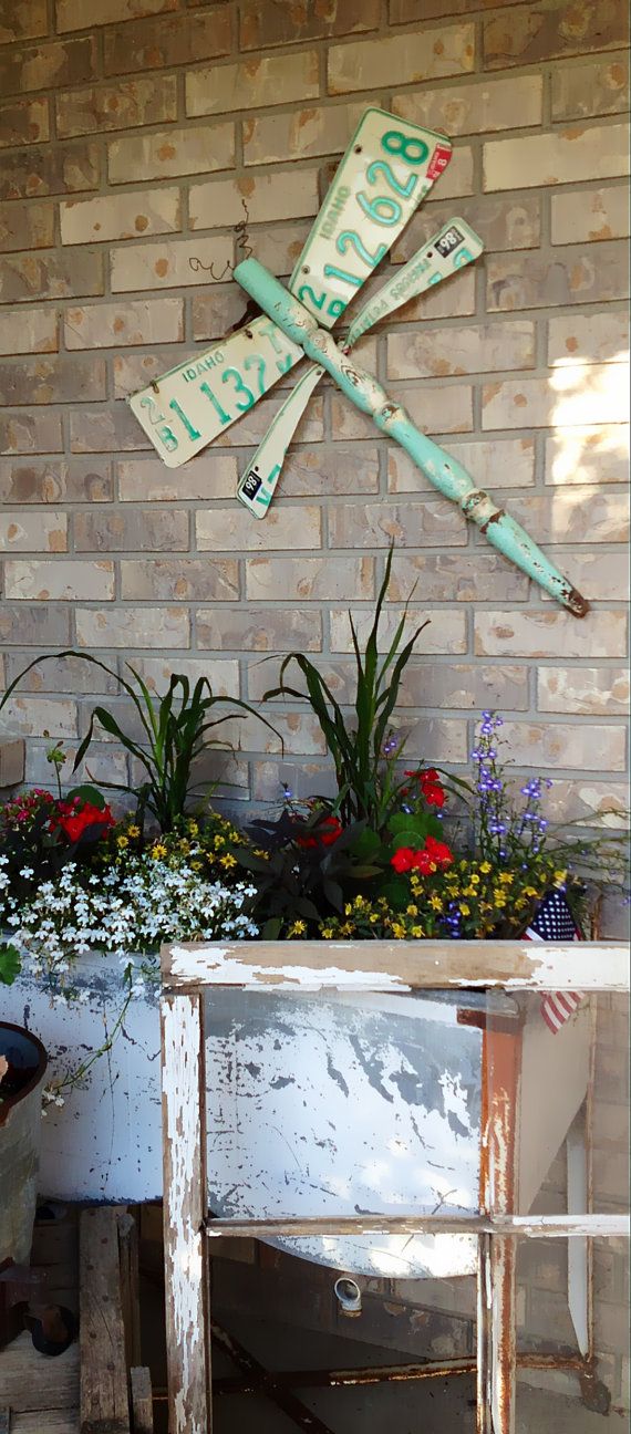 License-plate dragonfly above a tub planter