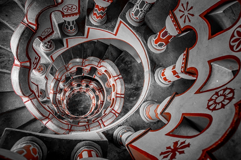 Laszlo Gal selective color red staircase details