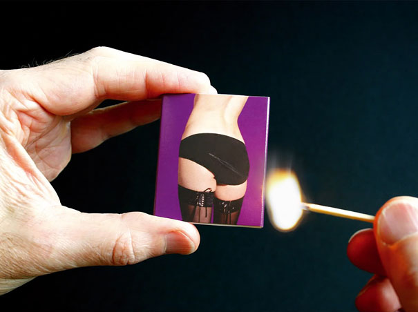 Interactive matchbox design with striking surface as visual punchline