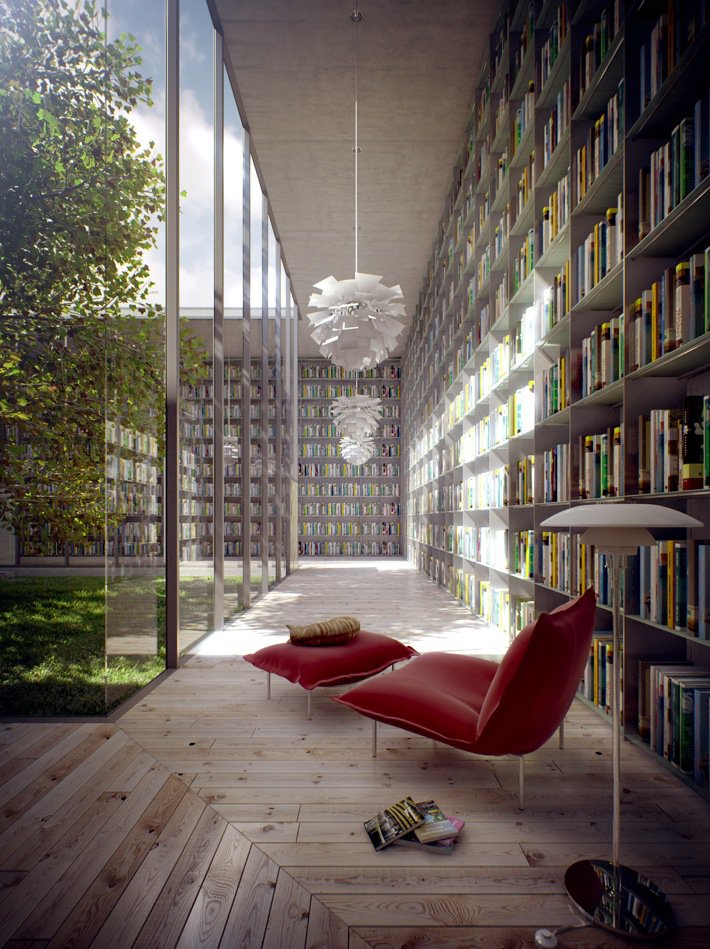 Glass-walled reading corridor lined with floor-to-ceiling shelves