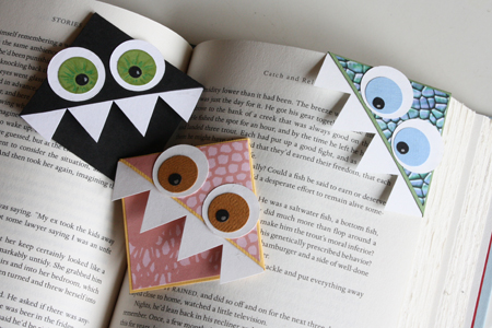 Monster origami corner bookmark made from an envelope