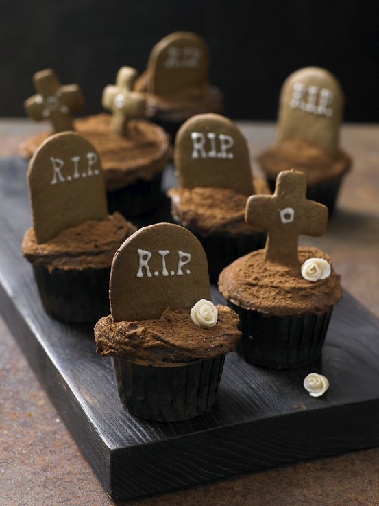Graveyard cupcakes with biscuit tombstones
