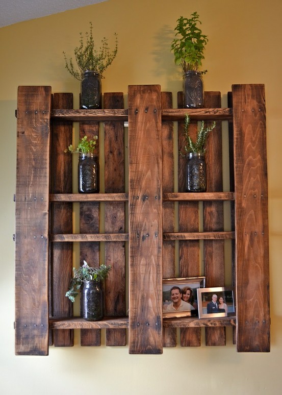 Stained pallet wall shelf with herb jars