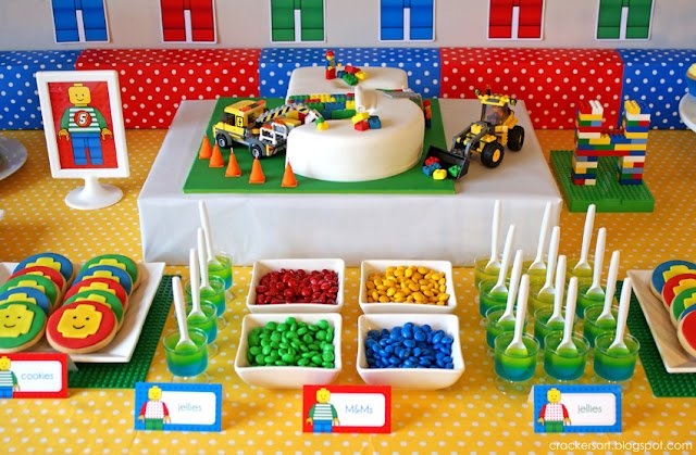 Number 5 LEGO construction cake with cookies and color-sorted candy