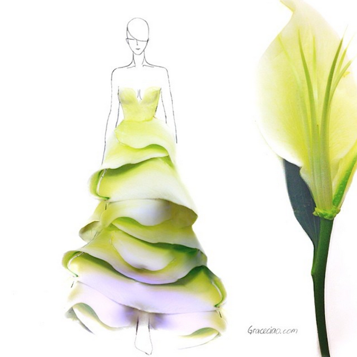 Fashionary-style sketch combining drawing and real petals