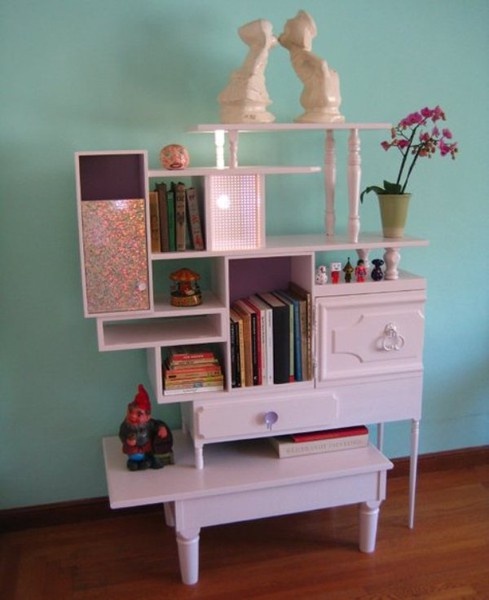 White puzzle-style upcycled shelving unit