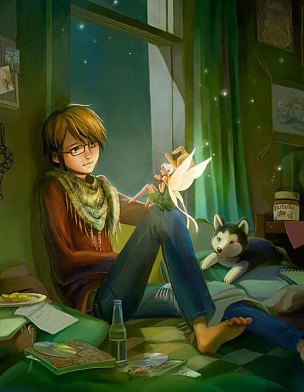 Young person with glasses talking to a glowing fairy on a messy bed